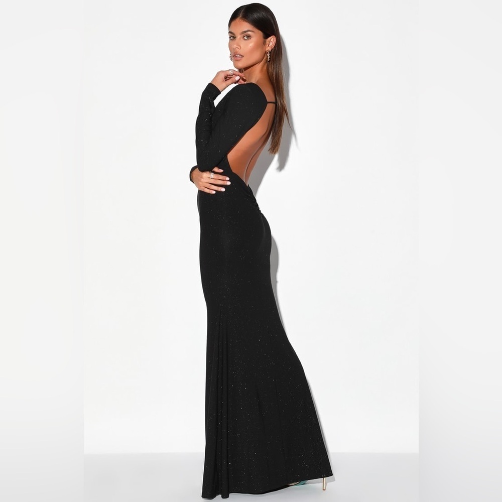 LULUS Glamorous in Glitter Black Long Sleeve‎ Backless
Maxi Dress Gown Party L
